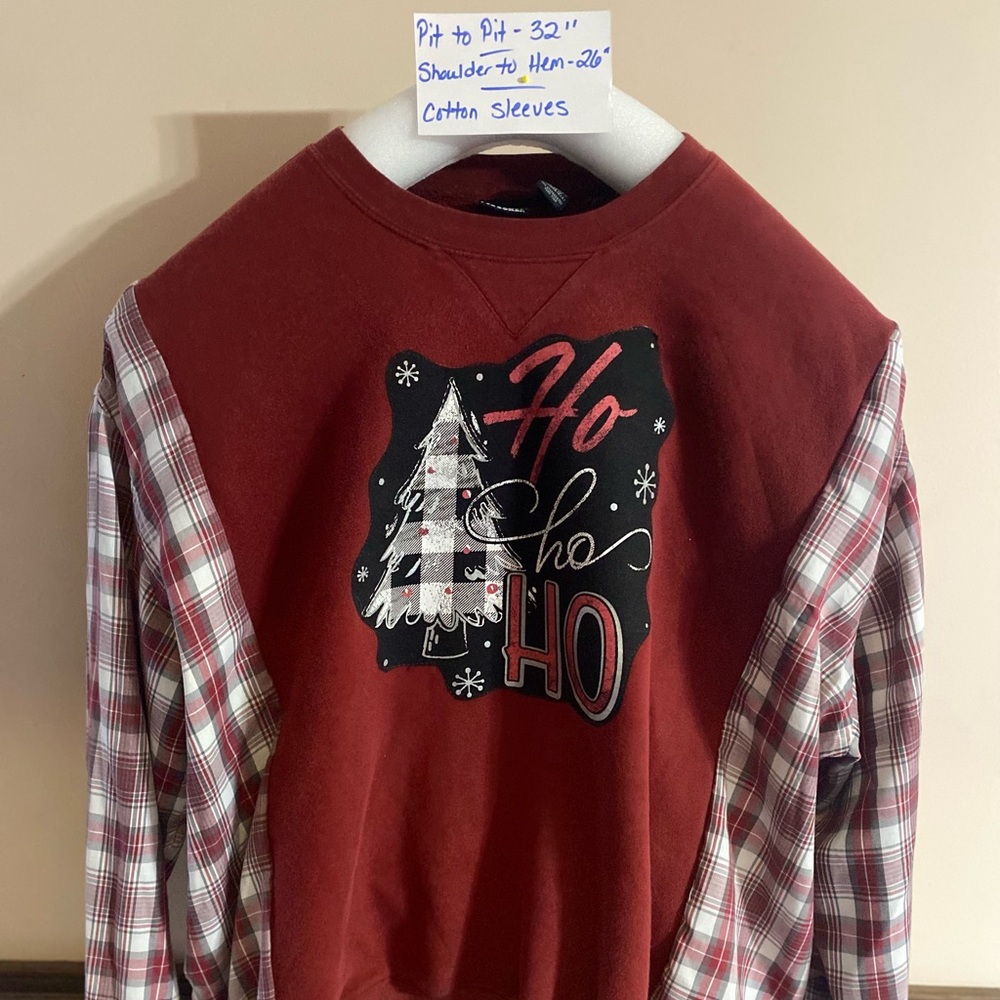Red Plaid Sleeve Ho Ho Ho Sweatshirt size XL